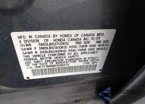 2006 Honda Pilot Ex-L from USA, damaged, VIN 2HKYF18686H509474
